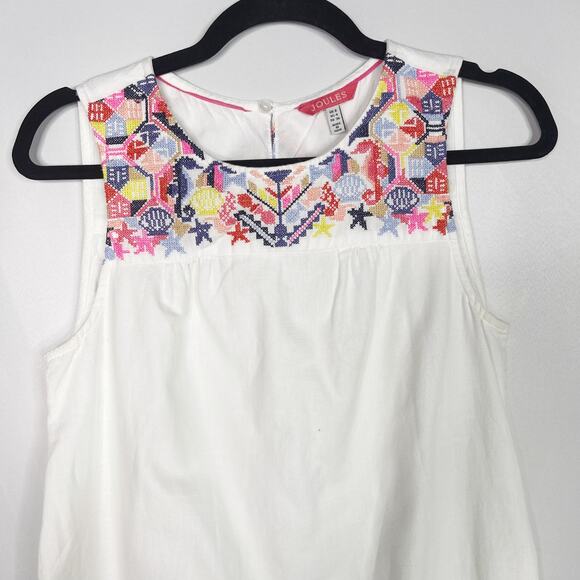 Joules Womens US 4 White Embroidered Sleeveless Shift Dress Cotton Linen Keyhole - Picture 3 of 11